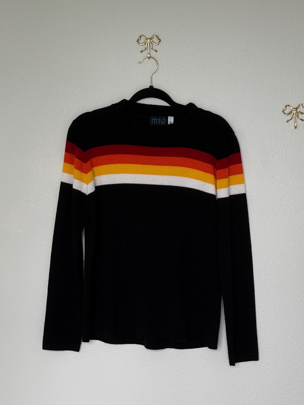Vintage Men's Black Crewneck Sweater with Red, Orange, Yellow & White Stripes